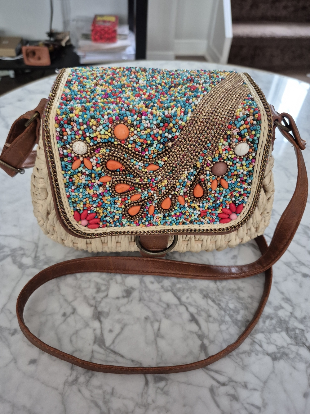 Beaded Straw Crossbody Bag - Multicolor